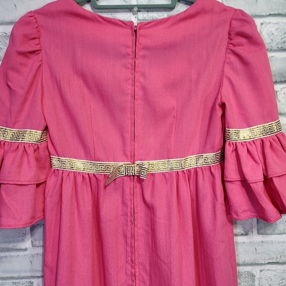 Vintage 70s Hot Pink Crepe Polyester Empire Waist Greek Key Detail Ruffle Maxi - Picture 15 of 16